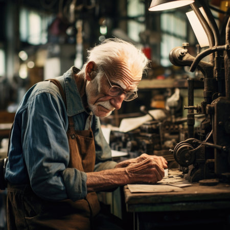 Sad tired old pensioner working. An elderly person toiling at a machine in a factory.の素材