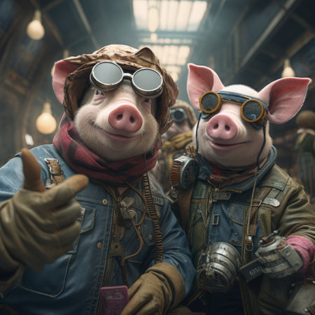 pigs portrait with sunglasses, Funny animals in a group together looking at the camera, wearing clothes, having fun together, taking a selfie, An unusual moment full of fun and fashion consciousnessの素材