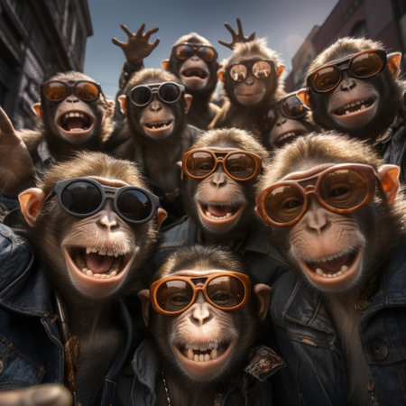 monkeys portrait with sunglasses, Funny animals in a group together looking at the camera, wearing clothes, having fun together, taking a selfie, An unusual moment full of fun fashion consciousnessの素材