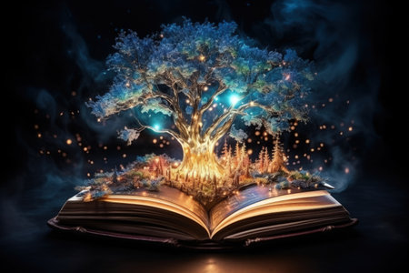Open magical book that contains fantastic stories, Reading books and literature allows you to plunge into world of imagination, opens boundaries for fantasy, to build your own worldの素材