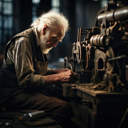 Sad tired old pensioner working. An elderly person toiling at a machine in a factory.の素材