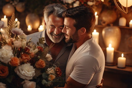 Happy male couple non-traditional orientation, gay, LGBT, romantic relationship of two men. Love serious commitmentの素材