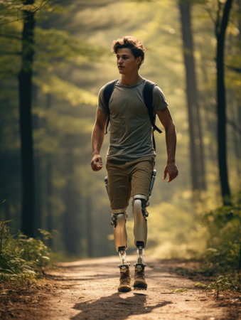 Person on prosthetic limbs, rehabilitation, body part replacement, artificial motion support, medical care, transplant, crutches, happy living, back on your feet again.の素材