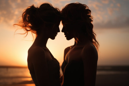 Happy female couple non-traditional orientation, lesbian, LGBT, romantic relationship of two girls. Love serious commitment.の素材
