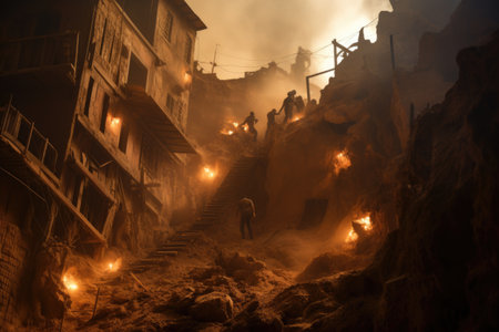 The result of military action between different nations. The consequences are terrible wars, destruction of people's infrastructure. Human rescue, fires and house demolition. Conflict clash savingの素材