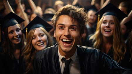 Happy time graduation, university institute school, graduation mantle and cap, joy group, receiving Bachelor Specialist Master degree, group selfies, classroom auditorium, toss up valedictorian hatの素材