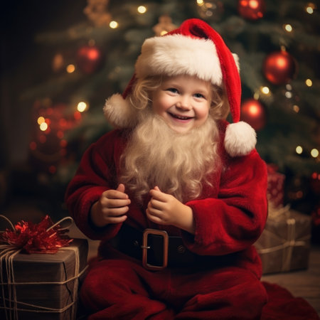 Christmas, family gathered to celebrate the holiday of Christmas, giving gifts, sitting by the fireplace, Christmas interior decorations. Winter atmosphere, warm attitude, carefree feeling.の素材