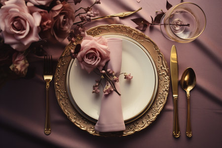 Table setting, harmonious combination of ornaments, dining for various events, wedding invitations, banquet christening, birthday parties. banner, copy space, background, text.の素材