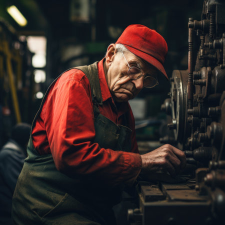 Sad tired old pensioner working. An elderly person toiling at a machine in a factory.の素材