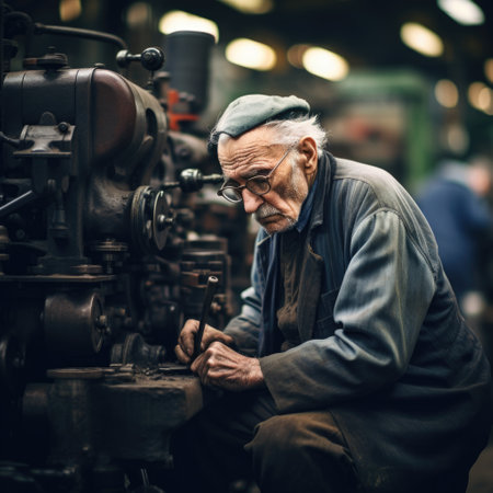Sad tired old pensioner working. An elderly person toiling at a machine in a factory.の素材