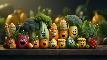 Vegetables fruit cartoon personality character, funny dietary ingredients of proper food, cute and funny products, grocery with human facial featuresの素材