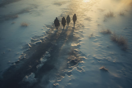 People walking in the snow Winter season, chilly, cold frost, morning freshness, December, winnye everyday life, winter season, snowflakes snowfall. Cold air temperatureの素材