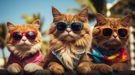 cats portrait with sunglasses, Funny animals in a group together looking at the camera, wearing clothes, having fun together, taking a selfie, An unusual moment full of fun and fashion consciousnessの素材