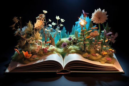 Open magical book that contains fantastic stories, Reading books and literature allows you to plunge into world of imagination, opens boundaries for fantasy, to build your own worldの素材