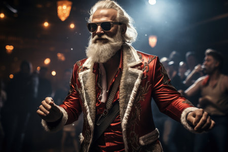 Santa Claus dancing, disco headphones, dance floor party nightlife, new year celebration, Christmas entertainment, good mood celebrationの素材