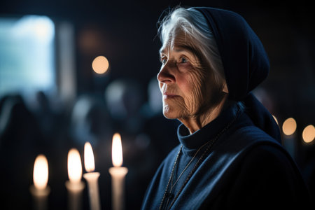 Religious concept, person prays to god, nun, faith bible, church. member of religious community of laurel monastery, penance.の素材