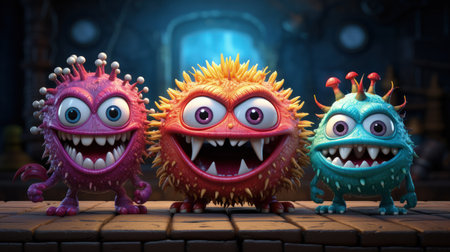 Cartoon characters cute, funny evil viruses, whimsical and infectious, creative and humorous animation of infectious microorganisms in comical and imaginative scenariosの素材
