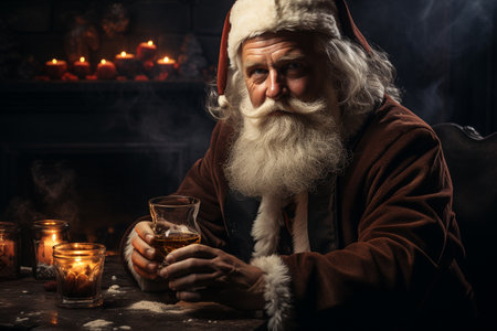 Santa Claus with a glass of whiskey. Cheerful and funny grandfather frost on the eve of the new year wishes you a happy holiday. winter, performance is amusingの素材