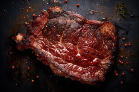 The aesthetics of roasted meat, grilled, savory and hearty, steak, cooking menu, deep-fried in large chunks, hot and cold dish, unhealthy and delicious product tastyの素材