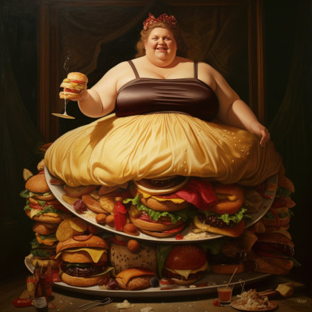Overweight problem, poor diet, calorie-laden food, fast food cheeseburger burger, fat woman, obese persona, high calorie quick food, motivation to eat rich, fatty foods, dieting, new lifeの素材