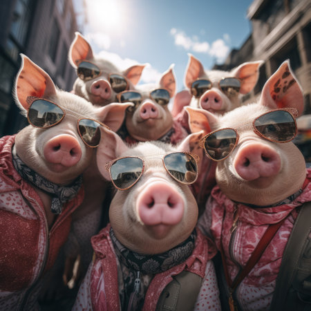 pigs portrait with sunglasses, Funny animals in a group together looking at the camera, wearing clothes, having fun together, taking a selfie, An unusual moment full of fun and fashion consciousnessの素材