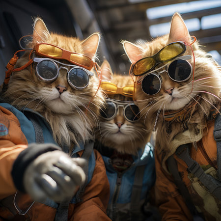 cats portrait with sunglasses, Funny animals in a group together looking at the camera, wearing clothes, having fun together, taking a selfie, An unusual moment full of fun and fashion consciousnessの素材