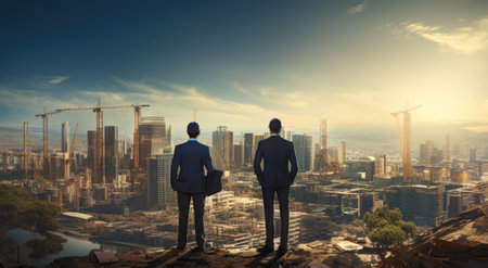 Builder concept. Real estate investment, builders businessmen, investors architects, making a plan for future construction, planning for the next time, high-rise skyscrapers, big project.の素材