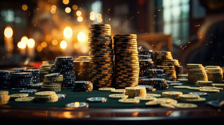 Exciting poker games at an online casino, cards, and chips on the table, gambling experience, winning hands and betsの素材