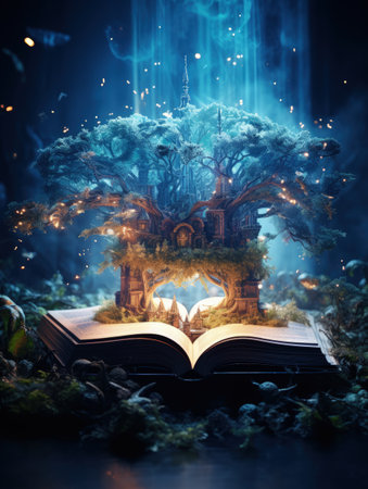 Open magical book that contains fantastic stories, Reading books and literature allows you to plunge into world of imagination, opens boundaries for fantasy, to build your own worldの素材