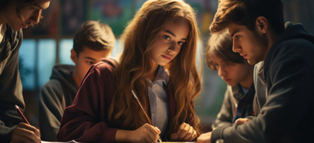 A vibrant scene unfolds on International Day of Education, showing diverse students engaged in learning, symbolizing global knowledge-sharing and educational empowerment for a brighter future.の素材