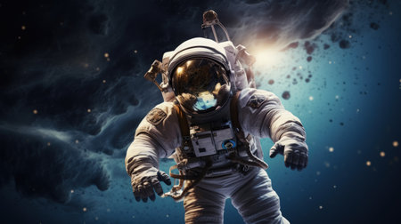 Spacewalk, astronaut cosmonaut, hovering above the ground, Beauty of deep space. Billions of galaxies in the universe. Boundless space, galaxy.の素材
