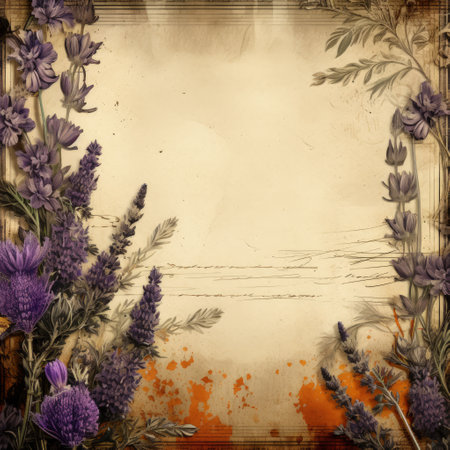 Flowers with vintage paper. Perfect old paper frame with floral decoration. Background copy space text.の素材