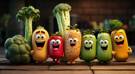 Vegetables fruit cartoon personality character, funny dietary ingredients of proper food, cute and funny products, grocery with human facial featuresの素材