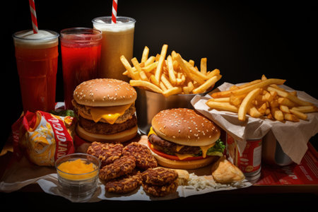 Overweight problem, poor diet, calorie-laden food, fast food cheeseburger burger, fat woman, obese persona, high calorie quick food, motivation to eat rich, fatty foods, dieting, new lifeの素材