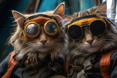 cats portrait with sunglasses, Funny animals in a group together looking at the camera, wearing clothes, having fun together, taking a selfie, An unusual moment full of fun and fashion consciousnessの素材
