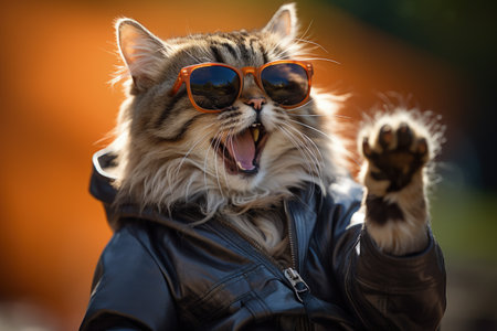 cats portrait with sunglasses, Funny animals in a group together looking at the camera, wearing clothes, having fun together, taking a selfie, An unusual moment full of fun and fashion consciousnessの素材