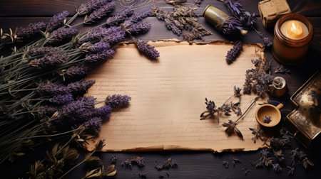 Flowers with vintage paper. Perfect old paper frame with floral decoration. Background copy space text.の素材