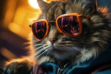 cats portrait with sunglasses, Funny animals in a group together looking at the camera, wearing clothes, having fun together, taking a selfie, An unusual moment full of fun and fashion consciousnessの素材