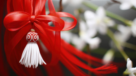 Celebrating spring cheer: the joyous tradition of happy martisor, a Romanian cultural festivity marked by red and white talismans, symbolizing luck, optimism, and festive celebration on March 1st.の素材
