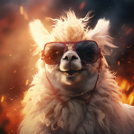 lama portrait with sunglasses, Funny animals in a group together looking at the camera, wearing clothes, having fun together, taking a selfie, An unusual moment full of fun and fashion consciousnessの素材