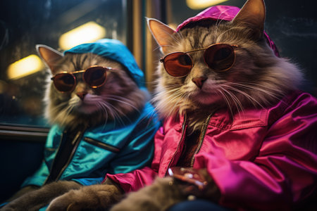 cats portrait with sunglasses, Funny animals in a group together looking at the camera, wearing clothes, having fun together, taking a selfie, An unusual moment full of fun and fashion consciousnessの素材