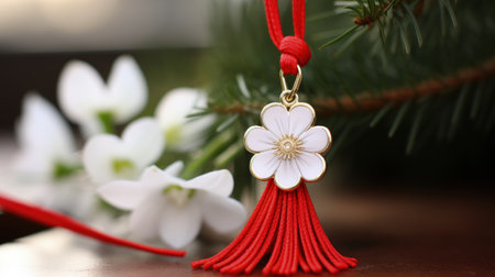 Celebrating spring cheer: the joyous tradition of happy martisor, a Romanian cultural festivity marked by red and white talismans, symbolizing luck, optimism, and festive celebration on March 1st.の素材