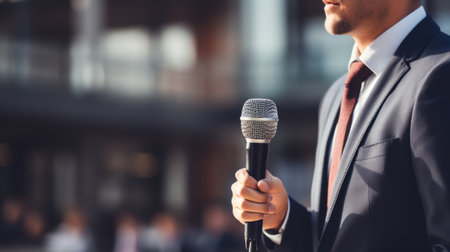 A journalist with a microphone, exploring stories, conducting interviews, and amplifying diverse perspectives through the power of audio storytelling in the dynamic world of mediaの素材