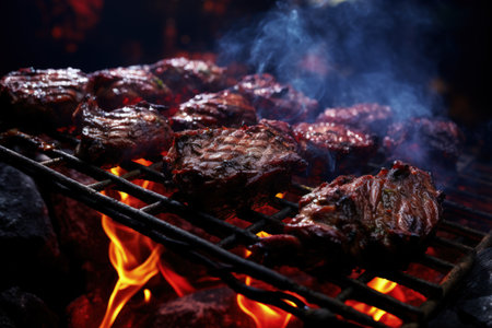 The aesthetics of roasted meat, grilled, savory and hearty, steak, cooking menu, deep-fried in large chunks, hot and cold dish, unhealthy and delicious product tastyの素材