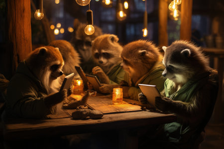 Whimsical world imagining animals in human roles playful anthropomorphic scenes and comical wildlife in human situations surreal and amusing animal behavior. animals living like humansの素材