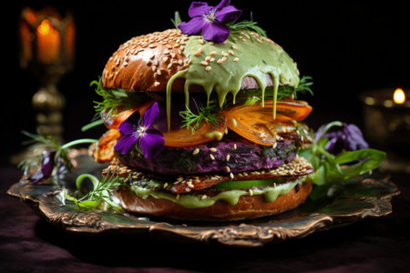 Wholesome indulgence: a plant-powered delight with the veggie burger, a delectable meatless creation offering health-conscious, flavorful bites in a sustainable and delicious diningの素材