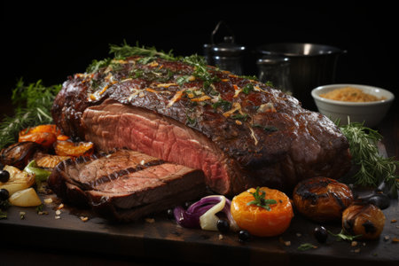 The aesthetics of roasted meat, grilled, savory and hearty, steak, cooking menu, deep-fried in large chunks, hot and cold dish, unhealthy and delicious product tastyの素材