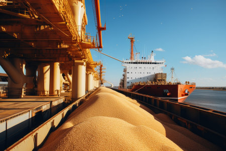 Navigating the global markets with wheat export, grains traverse borders, international trade and sustenance, global journey, international trade and food security.の素材