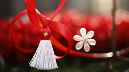 Celebrating spring cheer: the joyous tradition of happy martisor, a Romanian cultural festivity marked by red and white talismans, symbolizing luck, optimism, and festive celebration on March 1st.の素材