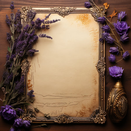 Flowers with vintage paper. Perfect old paper frame with floral decoration. Background copy space text.の素材